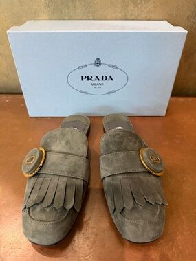 Like New Prada Anthracite ( Dark Gray)  Suede Fringe Sliders